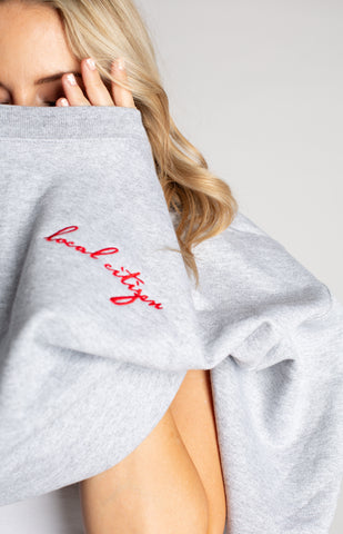 Red Embroidered Cropped Crew in Stone Grey