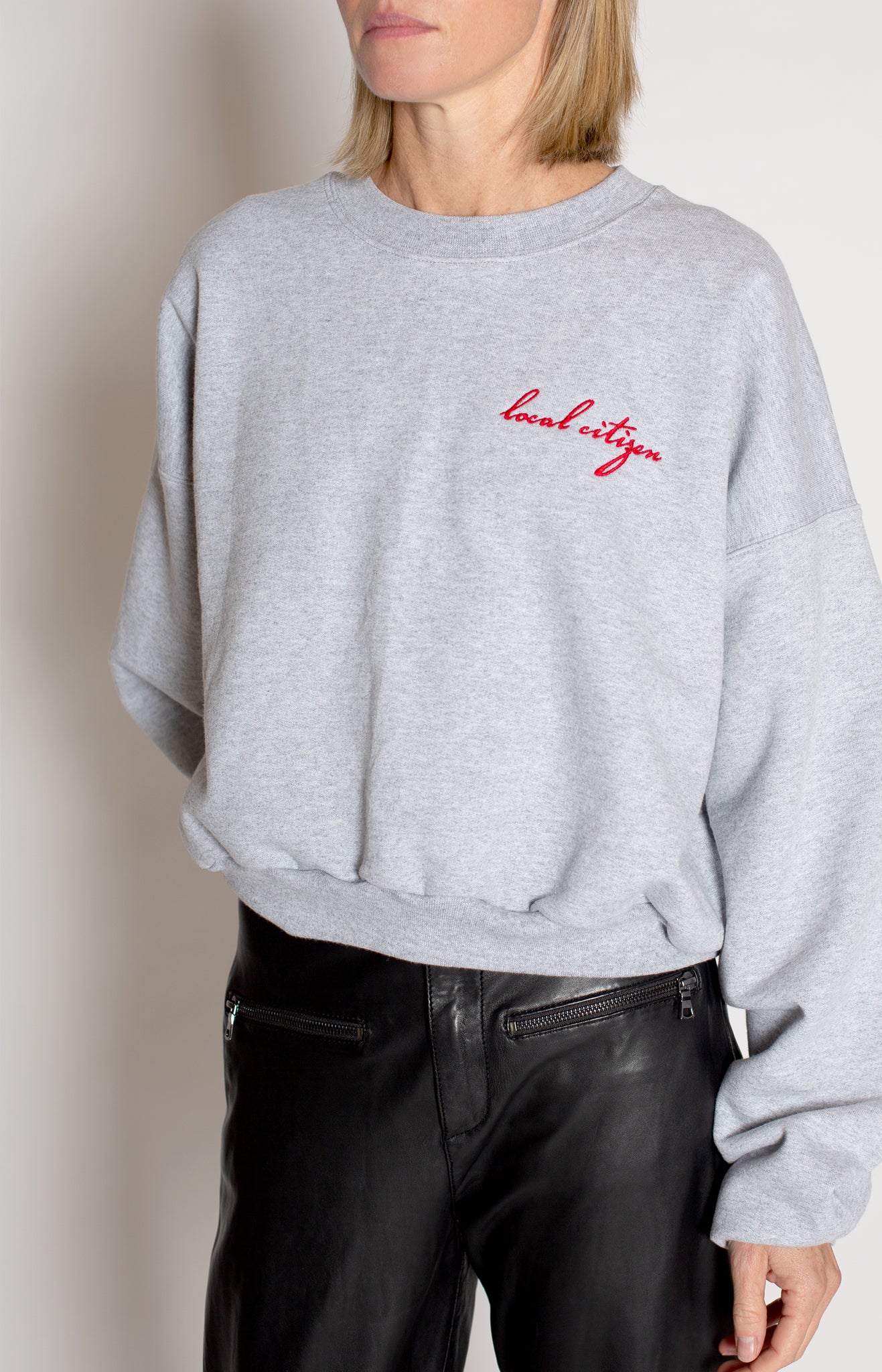 Red Embroidered Cropped Crew in Stone Grey